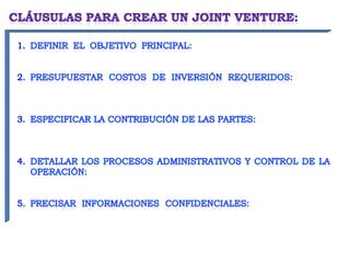 Debe ser un objetivo del que
todas las partes se van a ver beneficiadas.

                                                              Dinero,
Tiempo.


                                                    Recursos físicos,
financieros, tecnológicos, talento humano.



             ¿Quién dirige qué...?, ¿Quién es responsable por...?


                                                  En todo tipo de
negocio hay informaciones que no las pude conocer nadie más.
 
