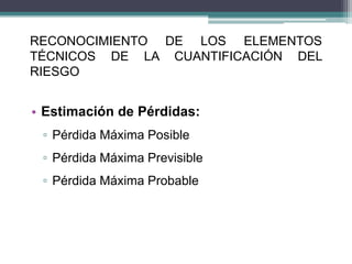 RECONOCIMIENTO DE LOS ELEMENTOS
TÉCNICOS DE LA CUANTIFICACIÓN DEL
RIESGO
• Estimación de Pérdidas:
▫ Pérdida Máxima Posible
▫ Pérdida Máxima Previsible
▫ Pérdida Máxima Probable
 