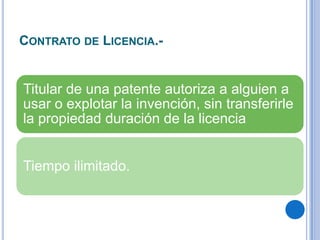 CONTRATO DE LICENCIA.-


Titular de una patente autoriza a alguien a
usar o explotar la invención, sin transferirle
la propiedad duración de la licencia


Tiempo ilimitado.
 