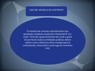 USO DEL MODELO DE CONTRATO




    El modelo del contrato administrativo fue
aprobado mediante resolución ministerial Nº 417-
2008 –PCM del 290de diciembre del 2008 a partir
 de esa fecha todas la entidades publicas deben
  utilizar como referencia dicho modelo para la
contratación, renovación o prórroga de contratos
                       CAS.
 