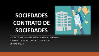 DOCENTE: DR. MIGUEL ANGEL GRANJA CHIRIBOGA
MATERIA: DERECHO LABORAL SOCIETARIO
UNIDAD NO. 3
SOCIEDADES
CONTRATO DE
SOCIEDADES
 