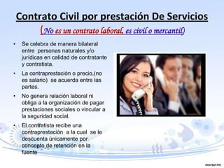 Contrato Civil por prestación De Servicios
(No es un contrato laboral, es civil o mercantil)
• Se celebra de manera bilateral
entre personas naturales y/o
jurídicas en calidad de contratante
y contratista.
• La contraprestación o precio,(no
es salario) se acuerda entre las
partes.
• No genera relación laboral ni
obliga a la organización de pagar
prestaciones sociales o vincular a
la seguridad social.
• El contratista recibe una
contraprestación a la cual se le
descuenta únicamente por
concepto de retención en la
fuente
 