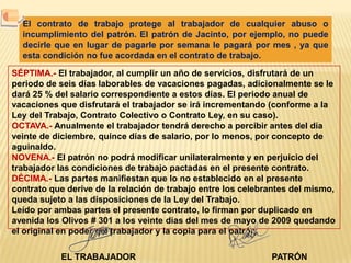 El contrato de trabajo protege al trabajador de cualquier abuso o incumplimiento del patrón. El patrón de Jacinto, por ejemplo, no puede decirle que en lugar de pagarle por semana le pagará por mes , ya que esta condición no fue acordada en el contrato de trabajo.SÉPTIMA.- El trabajador, al cumplir un año de servicios, disfrutará de un periodo de seis días laborables de vacaciones pagadas, adicionalmente se le dará 25 % del salario correspondiente a estos días. El periodo anual de vacaciones que disfrutará el trabajador se irá incrementando (conforme a la Ley del Trabajo, Contrato Colectivo o Contrato Ley, en su caso).OCTAVA.- Anualmente el trabajador tendrá derecho a percibir antes del día veinte de diciembre, quince días de salario, por lo menos, por concepto de aguinaldo.NOVENA.- El patrón no podrá modificar unilateralmente y en perjuicio del trabajador las condiciones de trabajo pactadas en el presente contrato.DÉCIMA.- Las partes manifiestan que lo no establecido en el presente contrato que derive de la relación de trabajo entre los celebrantes del mismo, queda sujeto a las disposiciones de la Ley del Trabajo.Leído por ambas partes el presente contrato, lo firman por duplicado en avenida los Olivos # 301 a los veinte días del mes de mayo de 2009 quedando el original en poder del trabajador y la copia para el patrón.EL TRABAJADOR				PATRÓN