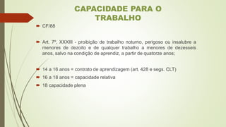  CF/88
 Art. 7º, XXXIII - proibição de trabalho noturno, perigoso ou insalubre a
menores de dezoito e de qualquer trabalho a menores de dezesseis
anos, salvo na condição de aprendiz, a partir de quatorze anos;
 14 a 16 anos = contrato de aprendizagem (art. 428 e segs. CLT)
 16 a 18 anos = capacidade relativa
 18 capacidade plena
CAPACIDADE PARA O
TRABALHO
 