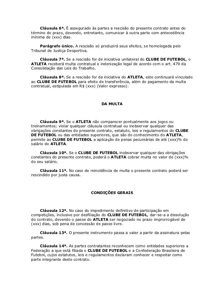 Contrato De Trabalho De Atleta Profissional De Futebol