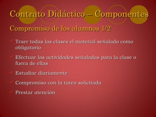  Traer todas las clases el material señalado comoTraer todas las clases el material señalado como
obligatorioobligatorio
 Efectuar las actividades señaladas para la clase oEfectuar las actividades señaladas para la clase o
fuera de ellasfuera de ellas
 Estudiar diariamenteEstudiar diariamente
 Compromiso con la tarea solicitadaCompromiso con la tarea solicitada
 Prestar atenciónPrestar atención
Contrato Didáctico – ComponentesContrato Didáctico – Componentes
Compromiso de los alumnos 1/2Compromiso de los alumnos 1/2
 
