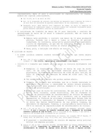 Módulo Jurídico: TEORIA e ESQUEMAS EXPLICATIVOS
                                                                                 Direito do Trabalho
                                                                      Profª Lilian Pereira da Cunha
  representante. Após 18 anos a autorização do representante, se negada,
  poderá ser suprida judicialmente.
      ♦   Lei 10.220, de 11 de abril de 2001

      ♦   Art. 4o A celebração de contrato com maiores de dezesseis anos e menores de vinte e
          um anos deve ser precedida de expresso assentimento de seu responsável legal.

      ♦   Parágrafo único. Após dezoito anos completos de idade, na falta ou negativa do
          assentimento do responsável legal, o contrato poderá ser celebrado diretamente pelas
          partes mediante suprimento judicial do assentimento.

− A contratação de trabalho de menor de 16 anos (excluída o contrato de
  aprendizagem do maior de 14 anos) é trabalho proibido. Não se trata de
  trabalho ilícito.
             Embora seja proibido, o contrato com menor de 14 anos produzirá
             efeitos, fazendo jus o menor a todos os direitos do período
             trabalhado. Ao contrário, estar-se-ia permitindo o enriquecimento
             ilícito do empregador, já que não há como este devolver ao menor
             a prestação de serviços (voltar ao status quo ante).
             Gera, pois, a extinção com efeito ex nunc.
Licitude do objeto
− A ordem jurídica somente confere validade ao contrato que tenha objeto
  lícito
      ♦   Art. 166. É nulo o negócio jurídico quando: I - celebrado por pessoa absolutamente
          incapaz; II - for ilícito, impossível ou indeterminável o seu objeto;

− Ilícito é o trabalho que compõe um tipo penal ou concorre diretamente com
  ele.
             Exemplos: 1) Prestação de serviços em banca de jogo do bicho
             (art. 50 da LCP); 2) Atividade exercida pela meretriz em
             prostíbulo; 3) Prestação de serviços em rinha de galo (art.64, da
             LCP); 4) Prestação de serviços de venda de rifas (art. 50, da
             LCP).
             Tal modalidade de contrato não produz nenhum efeito.
             Todavia, há julgados que entendem, que se a função executada no
             prostíbulo for lícita, a idoneidade do objeto estará presente,
             logo o contrato deve produzir efeitos. Exemplo é o da dançarina
             de casa de prostituição.
             Quanto ao jogo do bicho há controversas. Em que pese a OJ 199 da
             SDI-I, nova corrente, ainda minoritária, vem se firmando no
             sentido da possibilidade de reconhecimento de vínculo de emprego
             do cambista de jogo de bicho com o bicheiro, sob os seguintes
             argumentos: a) Trata-se de atividade tolerada pelo Estado (não há
             fiscalização ou repressão; b) Negando o vínculo, permite-se que
             os donos das bancas beneficiem-se de sua própria torpeza, em
             detrimento do empregado. Todavia, a jurisprudência majoritária do
             TST é no sentido de impossibilidade de reconhecimento do vínculo.
      ♦   TST – OJ 199 da SDI - I. JOGO DO BICHO. CONTRATO DE TRABALHO. NULIDADE. OBJETO
          ILÍCITO. É nulo o contrato de trabalho celebrado para o desempenho de atividade
          inerente à prática do jogo do bicho, ante a ilicitude de seu objeto, o que subtrai o
          requisito de validade para a formação do ato jurídico.

      ♦   Acerca da possibilidade de reconhecimento do vínculo, ver julgado: TRT 8ª Região, 3ª
          Turma, Proc. RO 4904/1997, Julg. 19.11.1997, rel. Juíza Lygia Oliveira.

             É possível o reconhecimento do vínculo de emprego entre policial
             militar com empresa privada.
      ♦   Súmula nº 386 do TST - POLICIAL MILITAR. RECONHECIMENTO DE VÍNCULO EMPREGATÍCIO COM
          EMPRESA PRIVADA. Preenchidos os requisitos do art. 3º da CLT, é legítimo o
          reconhecimento de relação de emprego entre policial militar e empresa privada,


                                                                                                  4
 