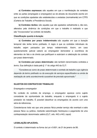 a) Contratos expressos: são aqueles em que a manifestação de vontades
entre as partes (empregado e empregador) se dá através de documento escrito em
que as condições ajustadas são estabelecidas e anotadas (normalmente) em CTPS
(Carteira de Trabalho e Previdência Social).
b) Contratos tácitos: são aqueles que são ajustados verbalmente e, não raro,
alterados pela dinâmica de condições em que o trabalho é realizado e que
são "incorporadas" ao contrato de trabalho.
Classificação quanto à duração
a) Contratos por prazo indeterminado: são aqueles em que a duração
temporal não tenha termo prefixado. A regra é que os contratos individuais de
trabalho sejam pactuados por tempo indeterminado. Assim, em caso
questionamento judicial caberá ao empregador demonstrar a ocorrência de
elementos de fato e de direito que justifiquem e autorizem a celebração de contrato
por prazo determinado.
b) Contratos por prazo determinado: são também denominados contratos a
termo. Sua definição é dada pelo § 1.º do artigo 443 da CLT:
"Considera-se como de prazo determinado o contrato de trabalho cuja vigência
dependa de termo prefixado ou da execução de serviços especificados ou ainda da
realização de certo acontecimento suscetível de previsão aproximada."
SUJEITOS DO CONTRATO DE TRABALHO
Empregado e empregador
No contexto do contrato de emprego, o empregador aparece como sujeito
concedente da oportunidade de trabalho, enquanto o empregado é o sujeito
prestador do trabalho. É possível classificar os empregados de acordo com uma
série de referencias.
Caracteriza-se toda vez que uma pessoa física prestar serviço não eventual a outra
pessoa física ou jurídica, mediante subordinação hierárquica e pagamento de uma
contraprestação denominada salário.(CLT, arts. 442 e 443, caput)
LEGISLAÇÃO APLICÁVEL
O contrato é determinado na forma da Lei n 9.601, de 21 de janeiro de 98.
 