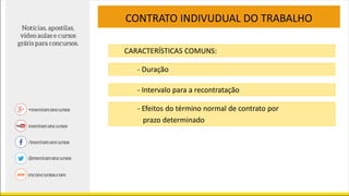 CARACTERÍSTICAS COMUNS:
- Duração
- Intervalo para a recontratação
- Efeitos do término normal de contrato por
prazo determinado
CONTRATO INDIVUDUAL DO TRABALHO
 