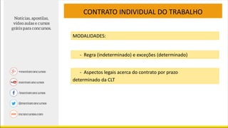 CONTRATO INDIVIDUAL DO TRABALHO
MODALIDADES:
- Regra (indeterminado) e exceções (determinado)
- Aspectos legais acerca do contrato por prazo
determinado da CLT
 
