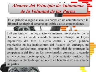 CONTRATO INTERNACIONAL
Es un pacto en el que intervienen
personas físicas o jurídicas de
diferentes nacionalidades, o bien, el
contrato que introduce en sus
cláusulas elementos fundamentales
del Derecho Internacional Privado.
Está presente en las legislaciones internas, no obstante, dicha
elección no es válida cuando la misma infringe las Leyes
imperativas del foro o atenta contra el orden publico
establecido en las instituciones del Estado; sin embargo, no
todas las legislaciones aceptan la posibilidad de prorrogar la
competencia del foro en los mencionados contratos, y cuando
se encuentra contemplada, el ordenamiento jurídico la
restringen a efecto de que no opere en beneficio de una sola de
las partes.
Alcance del Principio de Autonomía
de la Voluntad de las Partes
Es el principio según el cual las partes en un contrato tienen la
libertad de elegir el derecho aplicable a a sus convenciones
 