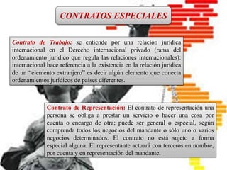 CONTRATO INTERNACIONAL
Es un pacto en el que intervienen
personas físicas o jurídicas de
diferentes nacionalidades, o bien, el
contrato que introduce en sus
cláusulas elementos fundamentales
del Derecho Internacional Privado.
CONTRATOS ESPECIALES
Contrato de Trabajo: se entiende por una relación jurídica
internacional en el Derecho internacional privado (rama del
ordenamiento jurídico que regula las relaciones internacionales):
internacional hace referencia a la existencia en la relación jurídica
de un “elemento extranjero” es decir algún elemento que conecta
ordenamientos jurídicos de países diferentes.
Contrato de Representación: El contrato de representación una
persona se obliga a prestar un servicio o hacer una cosa por
cuenta o encargo de otra; puede ser general o especial, según
comprenda todos los negocios del mandante o sólo uno o varios
negocios determinados. El contrato no está sujeto a forma
especial alguna. El representante actuará con terceros en nombre,
por cuenta y en representación del mandante.
 