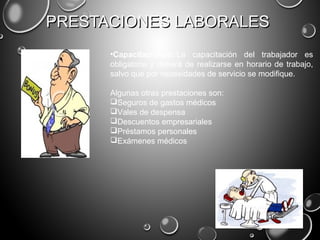 •Capacitaciones: La capacitación del trabajador es
obligatoria y deberá de realizarse en horario de trabajo,
salvo que por necesidades de servicio se modifique.
Algunas otras prestaciones son:
Seguros de gastos médicos
Vales de despensa
Descuentos empresariales
Préstamos personales
Exámenes médicos
PRESTACIONES LABORALESPRESTACIONES LABORALES
 