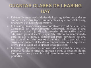 CUANTAS CLASES DE LEASING HAYExisten diversas modalidades de Leasing, todos las cuales se enmarcan en dos tipos fundamentales que son el Leasing financiero y el Leasing operativo. El Leasing Financiero es: un contrato en virtud del cual, una Compañía de Financiamiento Comercial, entrega a una persona natural o jurídica, la posesión de un activo que ha adquirido para el efecto y que éste último ha seleccionado para su uso y goce, a cambio del pago periódico de una suma de dinero (impuesto) durante un plazo pactado y a cuyo vencimiento, el locatario tendrá derecho a adquirir el activo por el valor de la opción de adquisición. El Leasing Operativo es: un contrato en virtud del cual, una persona natural o jurídica, entrega a otra, la posesión de un bien para su uso, a cambio del pago de un impuesto o renta periódica.