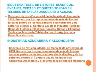 INDUSTRIA TEXTIL DE LISTONES, ELÁSTICOS,
ENCAJES, CINTAS Y ETIQUETAS TEJIDAS EN
TELARES DE TABLAS JACQUARD O AGUJAS.
 Convenio de revisión salarial de fecha 4 de diciembre de
2008, firmado por los representantes de más de las dos
terceras partes de los trabajadores sindicalizados y de
patrones afectos al Contrato Ley de la Industria Textil del
Ramo de Listones, Elásticos, Encajes, Cintas y Etiquetas
Tejidas en Telares de Tablas Jacquard o Agujas de la
República Mexicana.
INDUSTRIAS AZUCARERA Y ALCOHOLERA
Convenio de revisión integral de fecha 10 de noviembre de
2008, firmado por los representantes de más de las dos
terceras partes de los trabajadores sindicalizados y de los
patrones afectos al Contrato Ley de las Industrias
Azucarera, Alcoholera y Similares de la República Mexicana
 