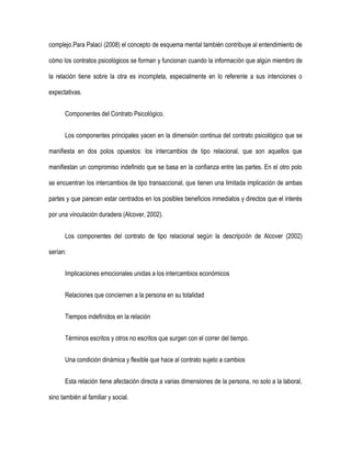 complejo.Para Palací (2008) el concepto de esquema mental también contribuye al entendimiento de

cómo los contratos psicológicos se forman y funcionan cuando la información que algún miembro de

la relación tiene sobre la otra es incompleta, especialmente en lo referente a sus intenciones o

expectativas.


      Componentes del Contrato Psicológico.


      Los componentes principales yacen en la dimensión continua del contrato psicológico que se

manifiesta en dos polos opuestos: los intercambios de tipo relacional, que son aquellos que

manifiestan un compromiso indefinido que se basa en la confianza entre las partes. En el otro polo

se encuentran los intercambios de tipo transaccional, que tienen una limitada implicación de ambas

partes y que parecen estar centrados en los posibles beneficios inmediatos y directos que el interés

por una vinculación duradera (Alcover, 2002).


      Los componentes del contrato de tipo relacional según la descripción de Alcover (2002)

serían:


      Implicaciones emocionales unidas a los intercambios económicos


      Relaciones que conciernen a la persona en su totalidad


      Tiempos indefinidos en la relación


      Términos escritos y otros no escritos que surgen con el correr del tiempo.


      Una condición dinámica y flexible que hace al contrato sujeto a cambios


      Esta relación tiene afectación directa a varias dimensiones de la persona, no solo a la laboral,

sino también al familiar y social.
 