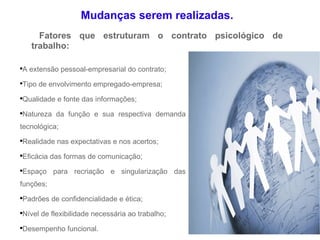 Mudanças serem realizadas. Fatores que estruturam o contrato psicológico de trabalho: A extensão pessoal-empresarial do contrato; Tipo de envolvimento empregado-empresa; Qualidade e fonte das informações; Natureza da função e sua respectiva demanda tecnológica; Realidade nas expectativas e nos acertos; Eficácia das formas de comunicação; Espaço para recriação e singularização das funções; Padrões de confidencialidade e ética; Nível de flexibilidade necessária ao trabalho; Desempenho funcional. 