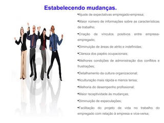 Ajuste de expectativas empregado-empresa; Maior número de informações sobre as características de trabalho; Criação de vínculos positivos entre empresa-empregado; Diminuição de áreas de atrito e indefinidas; Clareza dos papéis ocupacionais; Melhores condições de administração dos conflitos e frustrações; Detalhamento da cultura organizacional; Aculturação mais rápida e menos tensa; Melhoria do desempenho profissional; Maior receptividade às mudanças; Diminuição de especulações; Facilitação do projeto de vida no trabalho do empregado com relação à empresa e vice-versa; Estabelecendo mudanças. 