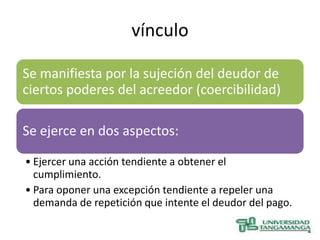 vínculo

Se manifiesta por la sujeción del deudor de
ciertos poderes del acreedor (coercibilidad)

Se ejerce en dos aspectos:

• Ejercer una acción tendiente a obtener el
  cumplimiento.
• Para oponer una excepción tendiente a repeler una
  demanda de repetición que intente el deudor del pago.
 