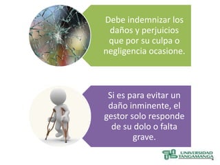 Debe indemnizar los
 daños y perjuicios
 que por su culpa o
negligencia ocasione.



 Si es para evitar un
 daño inminente, el
gestor solo responde
  de su dolo o falta
        grave.
 