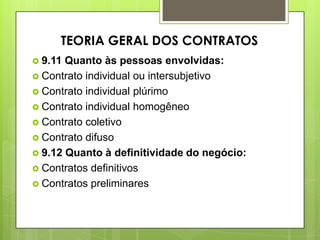  9.11 Quanto às pessoas envolvidas:
 Contrato individual ou intersubjetivo
 Contrato individual plúrimo
 Contrato individual homogêneo
 Contrato coletivo
 Contrato difuso
 9.12 Quanto à definitividade do negócio:
 Contratos definitivos
 Contratos preliminares
TEORIA GERAL DOS CONTRATOS
 