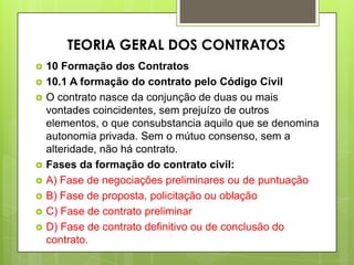  10 Formação dos Contratos
 10.1 A formação do contrato pelo Código Civil
 O contrato nasce da conjunção de duas ou mais
vontades coincidentes, sem prejuízo de outros
elementos, o que consubstancia aquilo que se denomina
autonomia privada. Sem o mútuo consenso, sem a
alteridade, não há contrato.
 Fases da formação do contrato civil:
 A) Fase de negociações preliminares ou de puntuação
 B) Fase de proposta, policitação ou oblação
 C) Fase de contrato preliminar
 D) Fase de contrato definitivo ou de conclusão do
contrato.
TEORIA GERAL DOS CONTRATOS
 