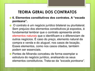  6. Elementos constitutivos dos contratos. A “escada
ponteana”.
 O contrato é um negócio jurídico bilateral ou plurilateral.
Sem prejuízo dos elementos constitutivos já expostos, é
fundamental lembrar que o contrato apresenta ainda
elementos naturais que o identificam e o diferenciam de
outros negócios. É caso do preço, elemento natural da
compra e venda e do aluguel, nos casos de locação.
Esses elementos, como nos casos citados, também
podem ser essenciais.
 Pontes de Miranda concebeu de forma exemplar a
estrutura do negócio jurídico, analisando os seus
elementos constitutivos. Trata-se da “escada ponteana”.
TEORIA GERAL DOS CONTRATOS
 