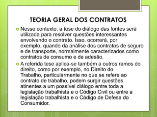  Nesse contexto, a tese do diálogo das fontes será
utilizada para resolver questões interessantes
envolvendo o contrato. Isso, ocorrerá, por
exemplo, quando da análise dos contratos de seguro
e de transporte, normalmente caracterizados como
contratos de consumo e de adesão.
 A referida tese aplica-se também a outros ramos do
direito, como por exemplo, no Direito do
Trabalho, particularmente no que se refere ao
contrato de trabalho, podem surgir questões
atinentes a um possível diálogo entre toda a
legislação trabalhista e o Código Civil ou entre a
legislação trabalhista e o Código de Defesa do
Consumidor.
TEORIA GERAL DOS CONTRATOS
 