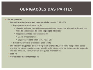 OBRIGAÇÕES DAS PARTES 
 Do segurador 
 Indenizar o segurado em caso de sinistro (art. 757, CC). 
 O pagamento da indenização 
 dinheiro, salvo se tiver sido acordado entre as partes que a indenização será por 
meio da substituição da coisa (reposição da coisa). 
 Proporcionalidade ao dano causado 
 Dano proporcional 
 Seguro proporcional (art. 783, CC) 
 Sinistro por vício intrínseco (art. 784) 
 Indenizar o segurado dentro do prazo avençado, sob pena responder pelos 
efeitos da mora, quais sejam: atualização monetária da indenização segundo 
índices oficiais, sem prejuízo aos juros moratórios. 
 Boa-fé 
 Veracidade das informações 
 