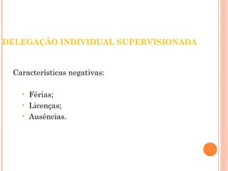DELEGAÇÃO INDIVIDUAL SUPERVISIONADA 
Características negativas: 
• Férias; 
• Licenças; 
• Ausências. 
 
