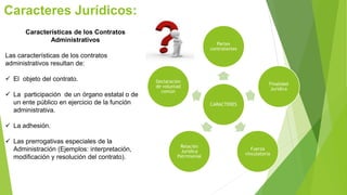 Caracteres Jurídicos:
CARACTERES
Partes
contratantes
Finalidad
Jurídica
Fuerza
vinculatoria
Relación
Jurídica
Patrimonial
Declaración
de voluntad
común
Características de los Contratos
Administrativos
Las características de los contratos
administrativos resultan de:
 El objeto del contrato.
 La participación de un órgano estatal o de
un ente público en ejercicio de la función
administrativa.
 La adhesión.
 Las prerrogativas especiales de la
Administración (Ejemplos: interpretación,
modificación y resolución del contrato).
 