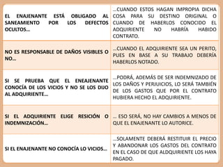 EL ENAJENANTE ESTÁ OBLIGADO AL 
SANEAMIENTO POR LOS DEFECTOS 
OCULTOS… 
…CUANDO ESTOS HAGAN IMPROPIA DICHA 
COSA PARA SU DESTINO ORIGINAL O 
CUANDO DE HABERLOS CONOCIDO EL 
ADQUIRIENTE NO HABRÍA HABIDO 
CONTRATO. 
NO ES RESPONSABLE DE DAÑOS VISIBLES O 
NO… 
…CUANDO EL ADQUIRIENTE SEA UN PERITO, 
PUES EN BASE A SU TRABAJO DEBERÍA 
HABERLOS NOTADO. 
SI SE PRUEBA QUE EL ENEAJENANTE 
CONOCÍA DE LOS VICIOS Y NO SE LOS DIJO 
AL ADQUIRIENTE… 
…PODRÁ, ADEMÁS DE SER INDEMNIZADO DE 
LOS DAÑOS Y PERJUICIOS, LO SERÁ TAMBIÉN 
DE LOS GASTOS QUE POR EL CONTRATO 
HUBIERA HECHO EL ADQUIRIENTE. 
SI EL ADQUIRIENTE ELIGE RESICIÓN O 
INDEMNIZACIÓN… 
… ESO SERÁ, NO HAY CAMBIOS A MENOS DE 
QUE EL ENAJENANTE LO AUTORICE. 
SI EL ENAJENANTE NO CONOCÍA LO VICIOS… 
…SOLAMENTE DEBERÁ RESTITUIR EL PRECIO 
Y ABANDONAR LOS GASTOS DEL CONTRATO 
EN EL CASO DE QUE ALDQUIRIENTE LOS HAYA 
PAGADO. 
 