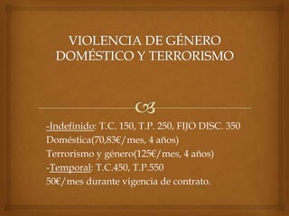 -Indefinido: T.C. 150, T.P. 250, FIJO DISC. 350
Doméstica(70,83€/mes, 4 años)
Terrorismo y género(125€/mes, 4 años)
-Temporal: T.C.450, T.P.550
50€/mes durante vigencia de contrato.
 