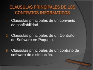 Clausulas principales de un convenio de confiabilidad. Cláusulas principales de un Contrato de Software en Paquete. Cláusulas principales de un contrato de software de distribución. 