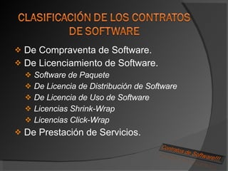 De Compraventa de Software. De Licenciamiento de Software. Software de Paquete De Licencia de Distribución de Software  De Licencia de Uso de Software Licencias Shrink-Wrap Licencias Click-Wrap De Prestación de Servicios. 