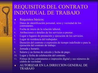 REQUISITOS DEL CONTRATO INDIVIDUAL DE TRABAJO Requisitos básicos: Datos de identificación personal, sexo y vecindad de los contratantes. Fecha de inicio de la relación laboral. Atribuciones o detalles de los servicios a prestar.  Lugar o lugares de prestación y ejecución de los servicios. Lugar de residencia del trabajador. Duración del contrato o expresión de tiempo indefinido o para la ejecución del contrato de trabajo. Jornada y horario. Salario y su forma de calculo y fecha de pago. Lugar y fecha de celebración del contrato. Firmas de los contratantes o impresión digital y sus números de cédula de vecindad. AUTORIZAR EN LA DIRECCION GENERAL DE TRABAJO 
