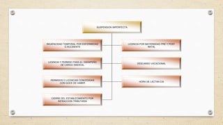 SUSPENSION IMPERFECTA
INCAPACIDAD TEMPORAL POR ENFERMEDAD
O ACCIDENTE
LICENCIA POR MATERNIDAD PRE Y POST
NATAL
LICENCIA Y PERMISO PARA EL DSEMPEÑO
DE CARGO SINDICAL
DESCANSO VACACIONAL
PERMISOS O LICENCIAS CONCEDIDAS
CON GOCE DE HABER
HORA DE LACTAN CIA
CIERRE DEL ESTABLECIMIENTO POR
INFRACCION TRIBUTARIA
 
