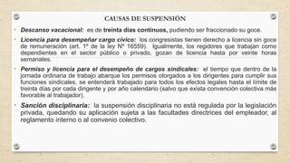 CAUSAS DE SUSPENSIÓN
• Descanso vacacional: es de treinta días continuos, pudiendo ser fraccionado su goce.
• Licencia para desempeñar cargo cívico: los congresistas tienen derecho a licencia sin goce
de remuneración (art. 1º de la ley Nº 16559). Igualmente, los regidores que trabajan como
dependientes en el sector público o privado, gozan de licencia hasta por veinte horas
semanales.
• Permiso y licencia para el desempeño de cargos sindicales: el tiempo que dentro de la
jornada ordinaria de trabajo abarque los permisos otorgados a los dirigentes para cumplir sus
funciones sindicales, se entenderá trabajado para todos los efectos legales hasta el límite de
treinta días por cada dirigente y por año calendario (salvo que exista convención colectiva más
favorable al trabajador).
• Sanción disciplinaria: la suspensión disciplinaria no está regulada por la legislación
privada, quedando su aplicación sujeta a las facultades directrices del empleador, al
reglamento interno o al convenio colectivo.
 