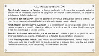 CAUSAS DE SUSPENSIÓN
• Ejercicio del derecho de huelga: la huelga declarada conforme a ley, suspende todos los
efectos de los contratos, inclusive la obligación de abonar la remuneración, sin afectar la
subsistencia del vínculo laboral.
• Detención del trabajador: tanto la detención preventiva extrajudicial como la judicial. En
caso de condena privativa de libertad opera la extinción del vínculo laboral.
• Inhabilitación administrativa o judicial: si la inhabilitación es por un período inferior a tres
meses, suspende la relación laboral por el lapso de su duración. Si la inhabilitación es mayor
a tres meses extingue el vínculo laboral.
• Permiso o licencia concedidos por el empleador: queda sujeto a las políticas de la
empresa (reglamento interno, directivas) o a la facultad discrecional del empleador.
• Caso fortuito y fuerza mayor: caso fortuito es todo hecho imprevisible. Fuerza mayor, es el
hecho que pudo ser previsto pero no puede resistirse ni evitarse (ejm. Una ley que impide
realizar una actividad, actos terroristas). Plazo máximo: 90 días
 