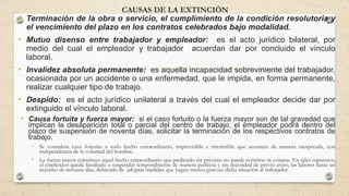 CAUSAS DE LA EXTINCIÓN
• Terminación de la obra o servicio, el cumplimiento de la condición resolutoria y
el vencimiento del plazo en los contratos celebrados bajo modalidad.
• Mutuo disenso entre trabajador y empleador: es el acto jurídico bilateral, por
medio del cual el empleador y trabajador acuerdan dar por concluido el vínculo
laboral.
• Invalidez absoluta permanente: es aquella incapacidad sobreviniente del trabajador,
ocasionada por un accidente o una enfermedad, que le impida, en forma permanente,
realizar cualquier tipo de trabajo.
• Despido: es el acto jurídico unilateral a través del cual el empleador decide dar por
extinguido el vínculo laboral.
• Causa fortuita y fuerza mayor: si el caso fortuito o la fuerza mayor son de tal gravedad que
implican la desaparición total o parcial del centro de trabajo, el empleador podrá dentro del
plazo de suspensión de noventa días, solicitar la terminación de los respectivos contratos de
trabajo.
• Se considera caso fortuito a todo hecho extraordinario, imprevisible e irresistible que acontece de manera inesperada, con
independencia de la voluntad del hombre.
• La fuerza mayor constituye aquel hecho extraordinario que pudiendo ser previsto no puede resistirse ni evitarse. En tales supuestos,
el empleador queda facultado a suspender temporalmente de manera perfecta y sin necesidad de previo aviso, las labores hasta un
máximo de noventa días, debiendo de adoptar medidas que hagan menos gravosa dicha situación al trabajador
 
