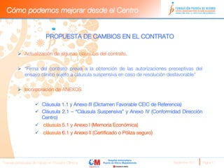 Cómo podemos mejorar desde el Centro


                            PROPUESTA DE CAMBIOS EN EL CONTRATO
         
         Ø  Actualización de algunas cláusulas del contrato.
         
         Ø  “Firma del contrato previa a la obtención de las autorizaciones preceptivas del
             ensayo clínico sujeto a cláusula suspensiva en caso de resolución desfavorable”


         Ø  Incorporación de ANEXOS


                     ü  Cláusula 1.1 y Anexo III (Dictamen Favorable CEIC de Referencia)
                     ü  Cláusula 2.1 – “Cláusula Suspensiva” y Anexo IV (Conformidad Dirección
                         Centro)
                     ü  cláusula 5.1 y Anexo I (Memoria Económica)
                     ü  cláusula 6.1 y Anexo II (Certiﬁcado o Póliza seguro)   




Nuevas estrategias de trabajo en Ensayos Clínicos
                                  Septiembre 2011 
   Página 17
 
