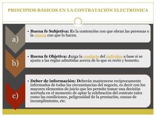 PRINCIPIOS BÁSICOS EN LA CONTRATACIÓN ELECTRÓNICA
a)
• Buena fe Subjetiva: Es la contención con que obran las personas o
la ciencia con que lo hacen.
b)
• Buena fe Objetiva: Juzga la conducta del individuo a base si se
ajusta a las reglas admitidas acerca de lo que es recto y honesto.
c)
• Deber de información: Deberán mantenerse recíprocamente
informados de todas las circunstancias del negocio, es decir con los
mayores elementos de juicio que les permite tomar una decisión
acertada en el momento de optar la celebración del contrato tales
como las condiciones, peligrosidad de la prestación, causas de
incumplimiento, etc.
 