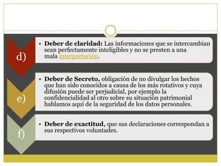 d)
• Deber de claridad: Las informaciones que se intercambian
sean perfectamente inteligibles y no se presten a una
mala interpretación.
e)
• Deber de Secreto, obligación de no divulgar los hechos
que han sido conocidos a causa de los más rotativos y cuya
difusión puede ser perjudicial, por ejemplo la
confidencialidad al otro sobre su situación patrimonial
hablamos aquí de la seguridad de los datos personales.
f)
• Deber de exactitud, que sus declaraciones correspondan a
sus respectivos voluntades.
 