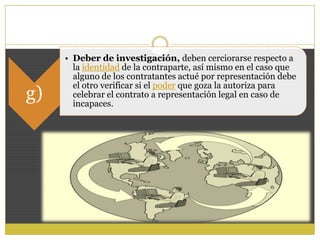 g)
• Deber de investigación, deben cerciorarse respecto a
la identidad de la contraparte, así mismo en el caso que
alguno de los contratantes actué por representación debe
el otro verificar si el poder que goza la autoriza para
celebrar el contrato a representación legal en caso de
incapaces.
 