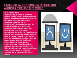 a) la teoría de la
declaración, donde el contrato
queda concluido en el momento en
que el aceptante manifiesta que su
voluntad coincide con la del
oferente; b) teoría de la
expedición, para esta postura, el
contrato no se da con la sola
manifestación de voluntad del
aceptante, sino que debe
desprenderse de ella; c) teoría de la
recepción, sostiene que el contrato
queda perfeccionado cuando la
aceptación llega a la dirección del
oferente (e-mail); d) teoría del
conocimiento, se considera
concluido solo cuando ambas
partes conocen que la oferta ha
sido aceptada, por tanto el contrato
concluye cuando el oferente
conoce de la aceptación de su
oferta.
 