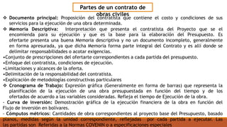  Documento principal: Proposición del contratista que contiene el costo y condiciones de sus
servicios para la ejecución de una obra determinada.
 Memoria Descriptiva: Interpretación que presenta el contratista del Proyecto que se el
encomienda para su ejecución y que es la base para la elaboración del Presupuesto. Es
ofertarte presenta una buena Memoria descriptiva y no un documento incompleto, generalmente
en forma apresurada, ya que dicha Memoria forma parte integral del Contrato y es allí donde se
delimitar responsabilidades o acotar exigencias.
•Conjunto de prescripciones del ofertarte correspondientes a cada partida del presupuesto.
•Enfoque del contratista, condiciones de ejecución.
•Limitaciones y alcances de la oferta.
•Delimitación de la responsabilidad del contratista.
•Explicación de metodologías constructivas particulares
 Cronograma de Trabajo: Expresión gráfica (Generalmente en forma de barras) que representa la
planificación de la ejecución de una obra presupuestada en función del tiempo y de los
ofertados de acuerdo a las variables consideradas. Refleja el tiempo de Ejecución de la obra.
- Curva de inversión: Demostración gráfica de la ejecución financiera de la obra en función del
Flujo de inversión en bolívares.
- Cómputos métricos: Cantidades de obra correspondientes al proyecto base del Presupuesto, basado
planos, medidas según la unidad correspondiente, reflejadas por cada partida a ejecutar. Las
las partidas son Referidas a la Normas COVENIN o a especificaciones especiales
Partes de un contrato de
obras civiles
 