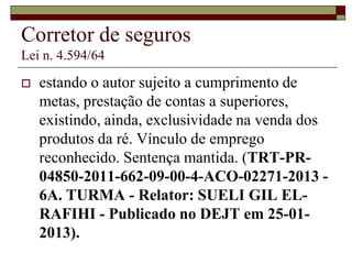 Corretor de imóveis
Lei n. 6.530/78
 atividade não pode ser terceirizada, sob pena
de desvirtuamento de objetivo, máxime se
comprovada a subordinação jurídica sob o
prisma da corrente objetiva. Recurso das réus
a que se nega provimento. (TRT-PR-17896-
2001-651-09-00-8-ACO-08080-2004 -
RELATOR: NEY JOSE DE FREITAS -
Publicado no DJPR em 14-05-2004)
 