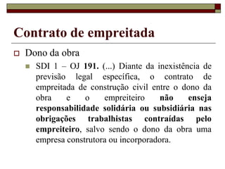 Representante comercial
Lei n. 4.886/65
 Os fatos que emergiram dos autos
demonstram, repise-se, que não havia
subordinação, nem obrigatoriedade de
cumprimento de horário, com a assunção dos
riscos da atividade econômica pelo
Reclamante que, inclusive, arcava com os
respectivos custos, evidenciando, assim, sua
autonomia na relação estabelecida. Recurso
do Autor a que se nega provimento. (TRT-PR-
01929-2011-089-09-00-3-ACO-15810-2013 - 7A. TURMA - Relator:
UBIRAJARA CARLOS MENDES - Publicado no DEJT em 03-05-2013)
 