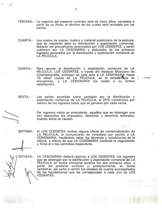5
TERCERA.- La vigencia del presente contrato será de cinco años, contados a
partir de su firma, al término de los cuales será revisable por 'las
partes.
CUARTA.- Los costos de copias, trailers y material publicitario de la película,
que se requieran para su distribución y explotación comercial,
deberán ser previamente autorizados por LOS CEDENTES, y serán
cubiertos por LA CESIONARIA Y deducidos de los primeros
ingresos generados por la distribución y explotación comercial de
LA PELlCULA.
QUINTA.- Para apoyar la distribución y explotación comercial de LA
PELlCULA, LOS CEDENTES, a través del Instituto Mexicano de
Cinematografía, entregan en este acto a LA CESION= hasta _
10 (diez) copias de LA PELlCULA, en el esta -'. ue se .;-.-.:.?~;.>:,
encuentran, y LA CESIONARIA los recibe a su entera
satisfacción.
SEXTA.- Las partes acuerdan como comisión por la distribución y
explotación comercial de LA PELlCULA, el 25% (veinticinco por
ciento) de los ingresos netos que se generen por cada venta.
Por ingresos netos se entenderán, aquellos que se obtengan una
vez deducidos los impuestos, derechos y derechos autorales,.
cuando éstos se causen.
SEPTIMA.- Si LOS CEDENTES reciben alguna oferta de comercialización de
LA PELlCULA, la comunicarán de .inmediato por escrito a LA
CESIONARIA, haciéndole saber los términos y condiciones de la
misma, a efecto de que LA CESIONARIA continúe la negociación
y firme él o los contratos respectivos.
OCTAVA.- LA CESIONARIA deberá reportar a LOS CEDENTES, los ingresos
que se obtengan por la distribución y explotación comercial de LA
PELlCULA en forma trimestral durante los dos primeros añqs, a
.par,tir del presente contrato y, posteriormente, en forma
~
emestral' así como a remitir los estados de cuenta acompañados
de las liquidaciones que les correspondan a cada uno de LOS
CEDENTES. ' .
." ..'.' '". : . ~ ,
."-.:
 