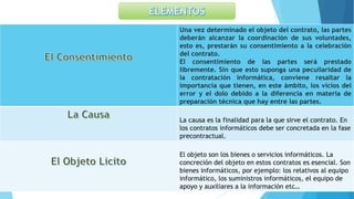 Una vez determinado el objeto del contrato, las partes
deberán alcanzar la coordinación de sus voluntades,
esto es, prestarán su consentimiento a la celebración
del contrato.
El consentimiento de las partes será prestado
libremente. Sin que esto suponga una peculiaridad de
la contratación informática, conviene resaltar la
importancia que tienen, en este ámbito, los vicios del
error y el dolo debido a la diferencia en materia de
preparación técnica que hay entre las partes.
La causa es la finalidad para la que sirve el contrato. En
los contratos informáticos debe ser concretada en la fase
precontractual.
El objeto son los bienes o servicios informáticos. La
concreción del objeto en estos contratos es esencial. Son
bienes informáticos, por ejemplo: los relativos al equipo
informático, los suministros informáticos, el equipo de
apoyo y auxiliares a la información etc…
 
